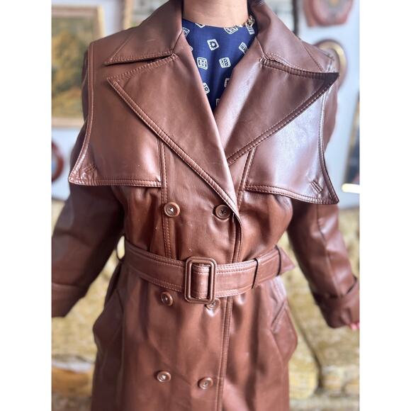 70s Faux Leather Chocolate Leather Trench Coat Size M/L 32" by Amerex - Picture 4 of 14